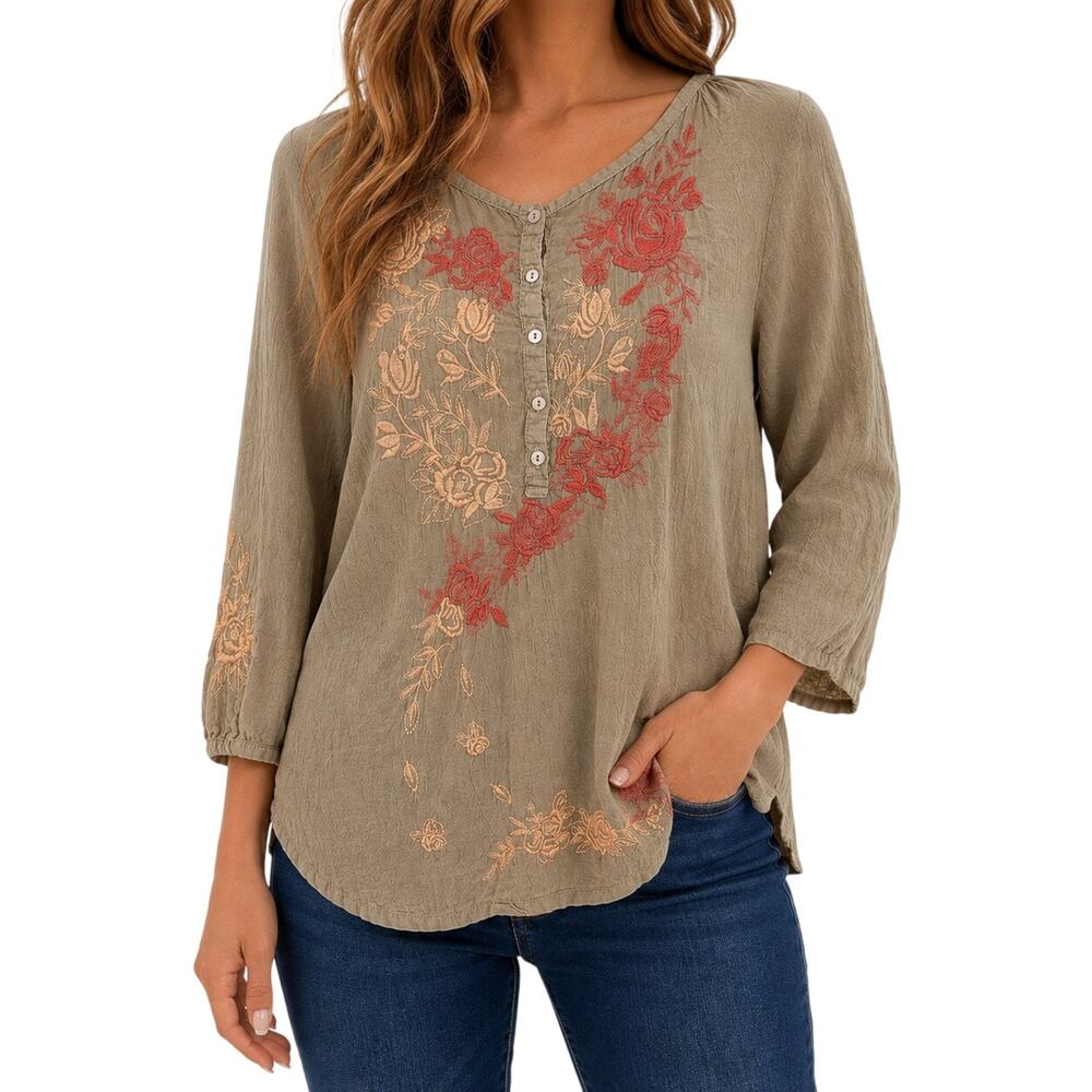 JOHNNY WAS Sz Small Beige Wearable Art to Wear Blouse Shirt Top Luxury Artsy